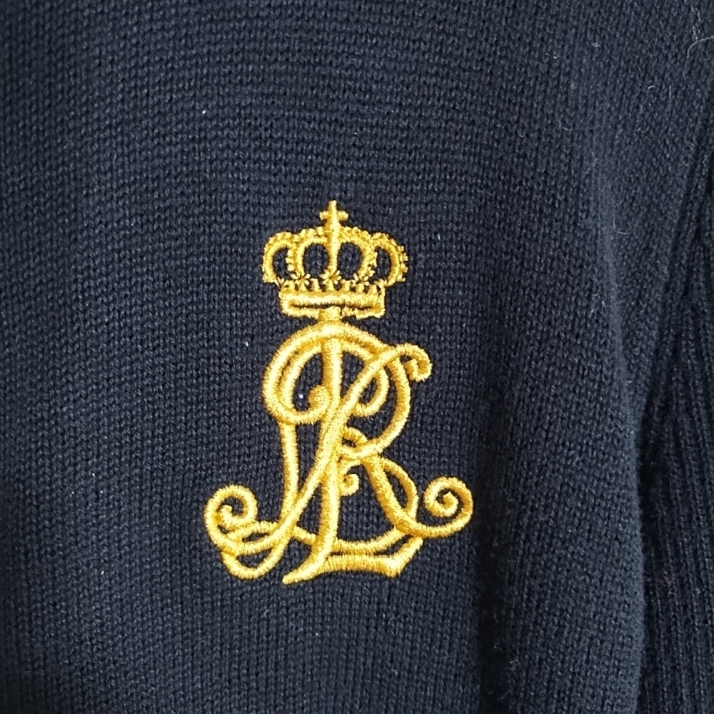 Lauren Ralph Lauren Women's M Black Zip Cardi Sweater Gold Monogram Crest - Picture 2 of 8